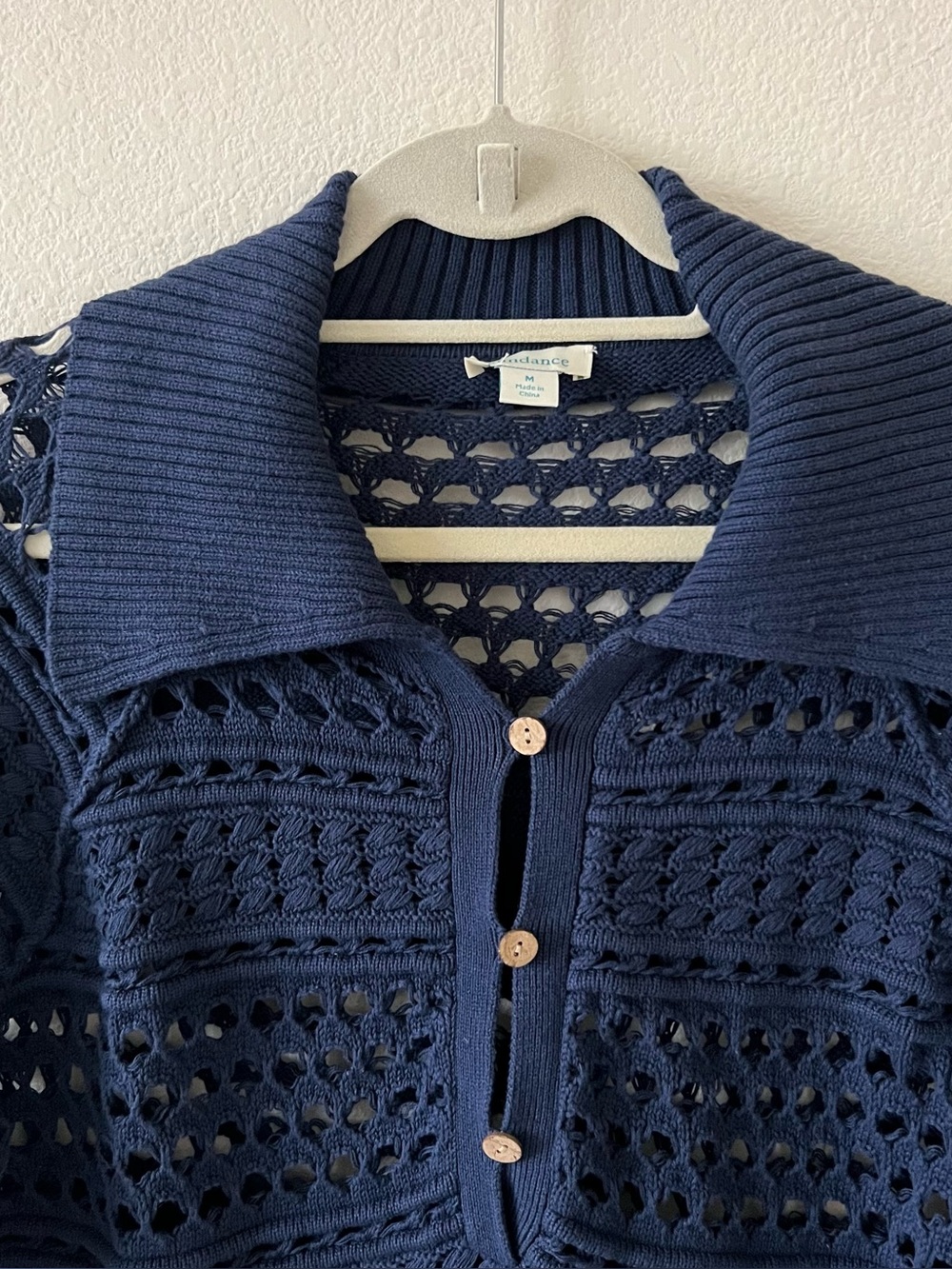 Sundance Crochet Open Knit Polo Top Navy Blue Relaxed Slouchy Sheer Medium - Picture 5 of 15